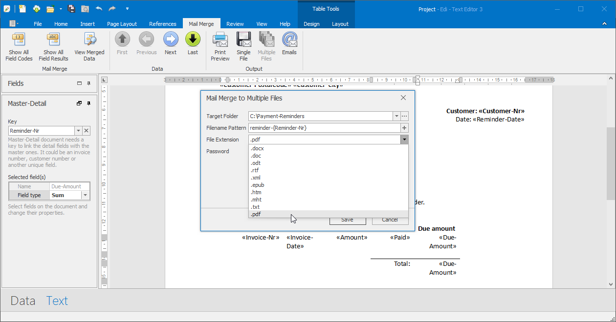 Mail merge into multiple files and name each file individually