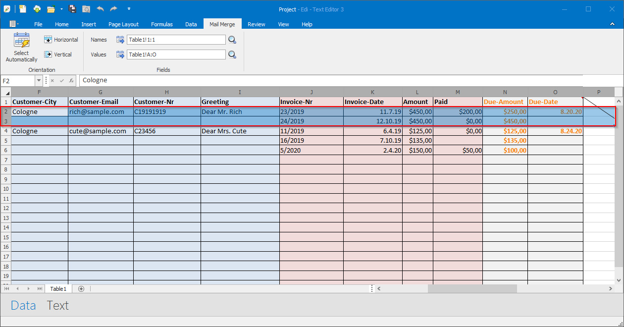 Mail merge subset of data