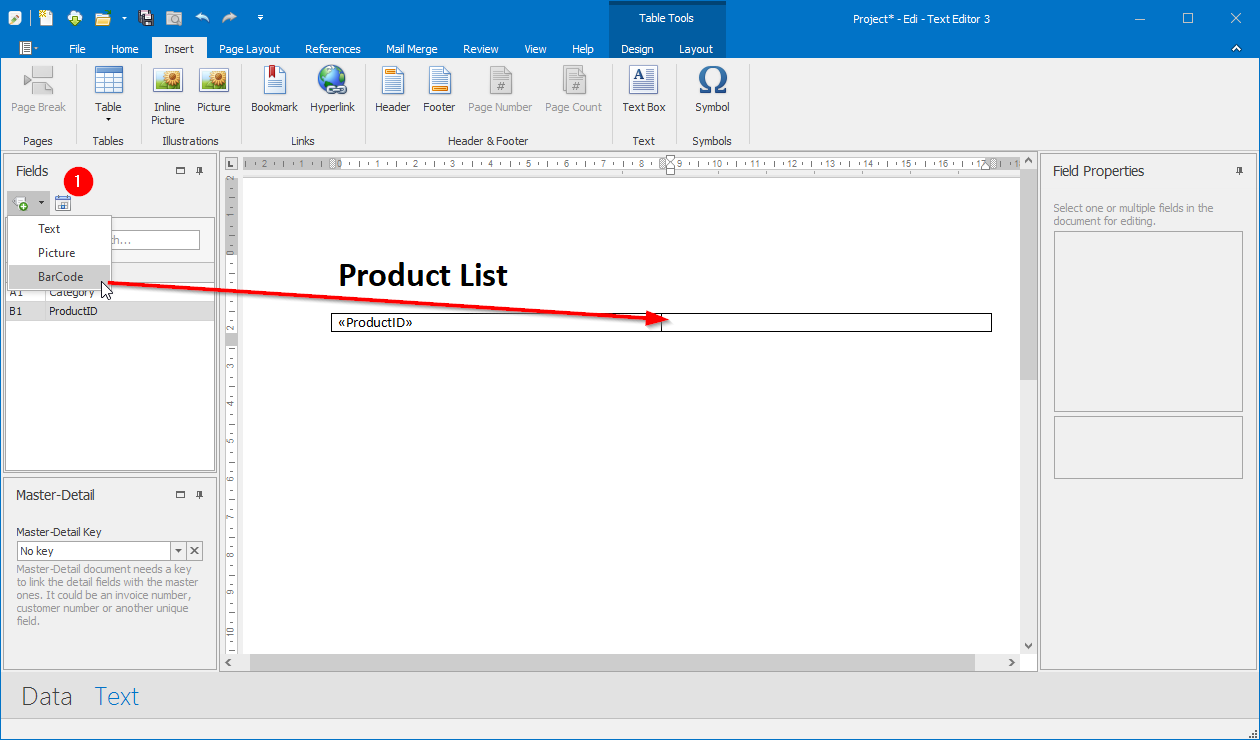 Insert barcode field into serial letter