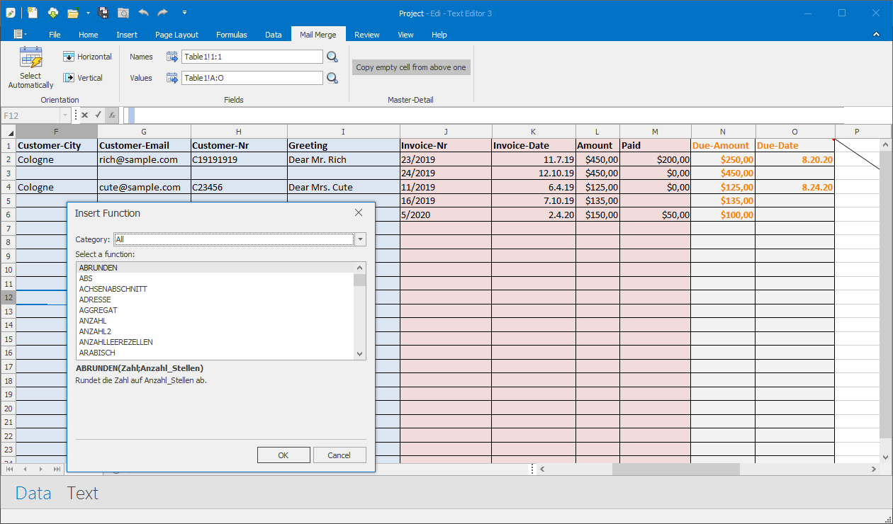 Insert function into data view