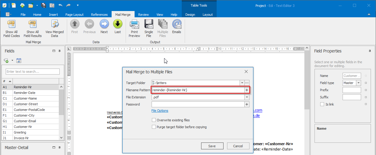 Mail merge into multiple files and name each file individually